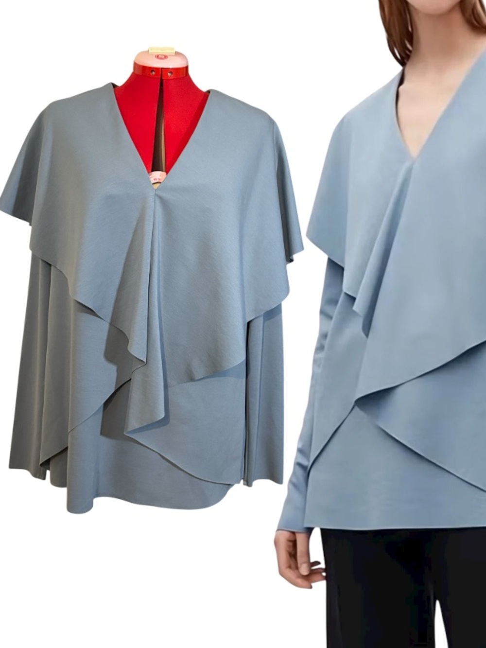 COS Dusty Blue Lycortel Asymmetrical Draped Cascade Ruffle Blouse Size Large